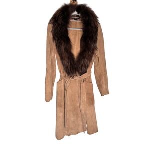 Theory fur trim long leather trench coat Read!